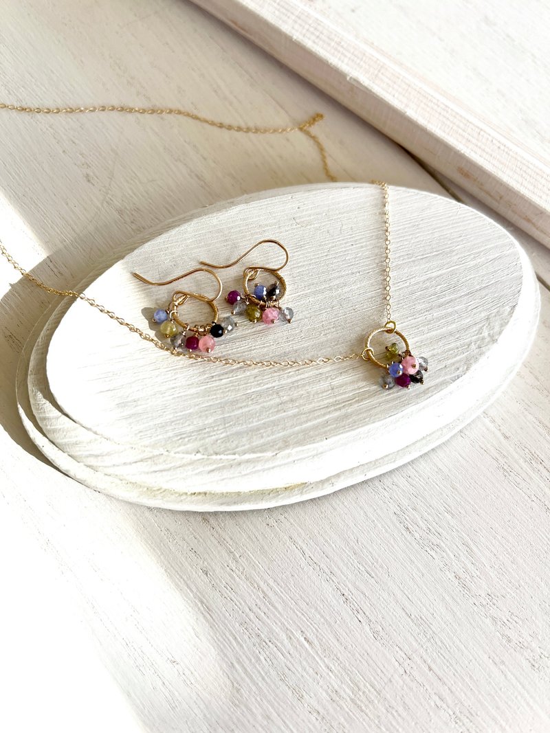 Tiny stones earring and necklace set  All 14kgf - Necklaces - Semi-Precious Stones Multicolor