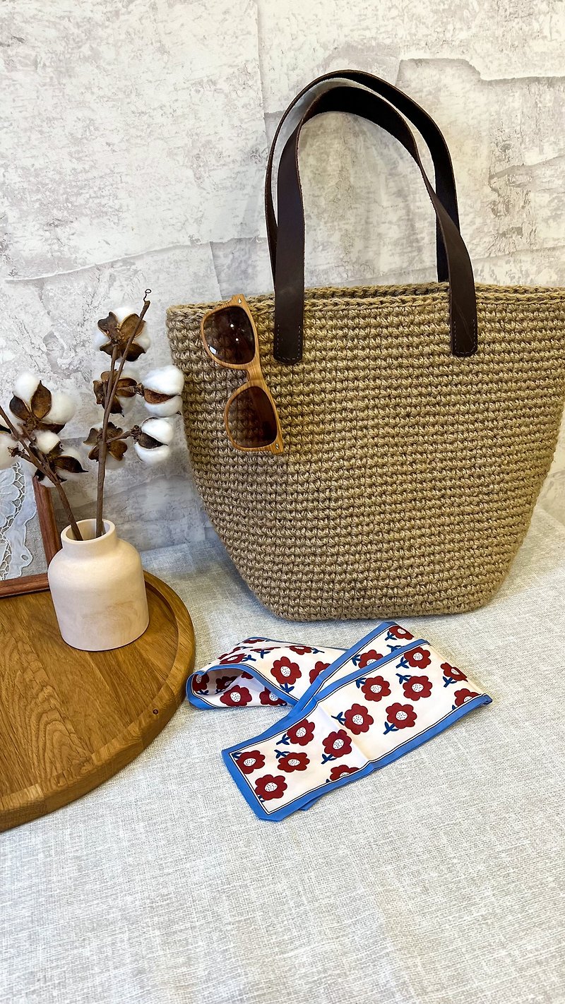 Woven tote bag made from Jute with leather handles - Handbags & Totes - Cotton & Hemp Khaki