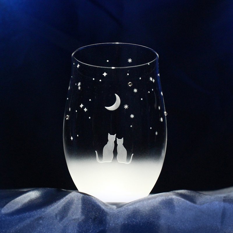 [Looking at the crescent moon night sky together] Cat motif tumbler glass vol.1 Personalized product (option sold separately) - แก้ว - แก้ว สีใส