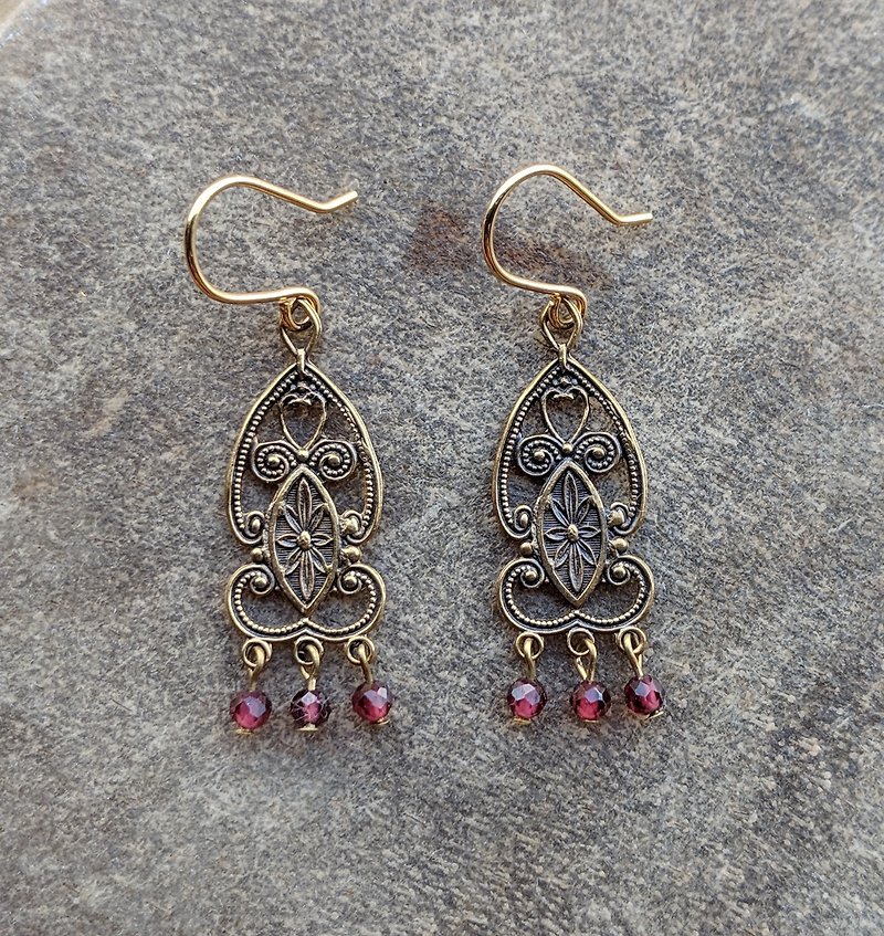 Garnet Brass Vintage Stamping Earrings - Earrings & Clip-ons - Copper & Brass Red