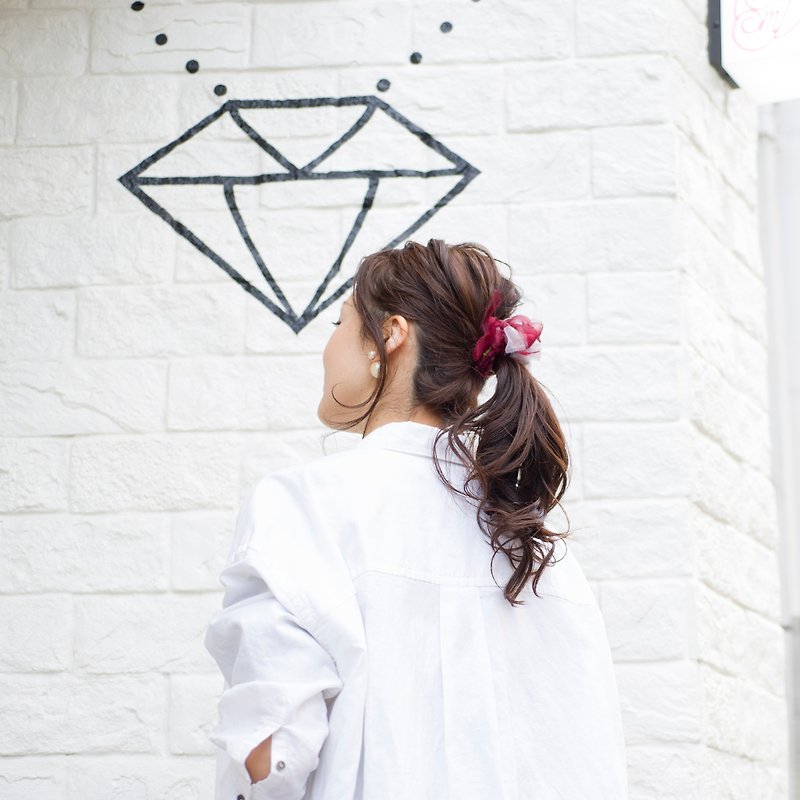 mini || Wine || Blooming Sakiami Colourful Hair Scrunchy || Hair Accessory - Hair Accessories - Polyester Red