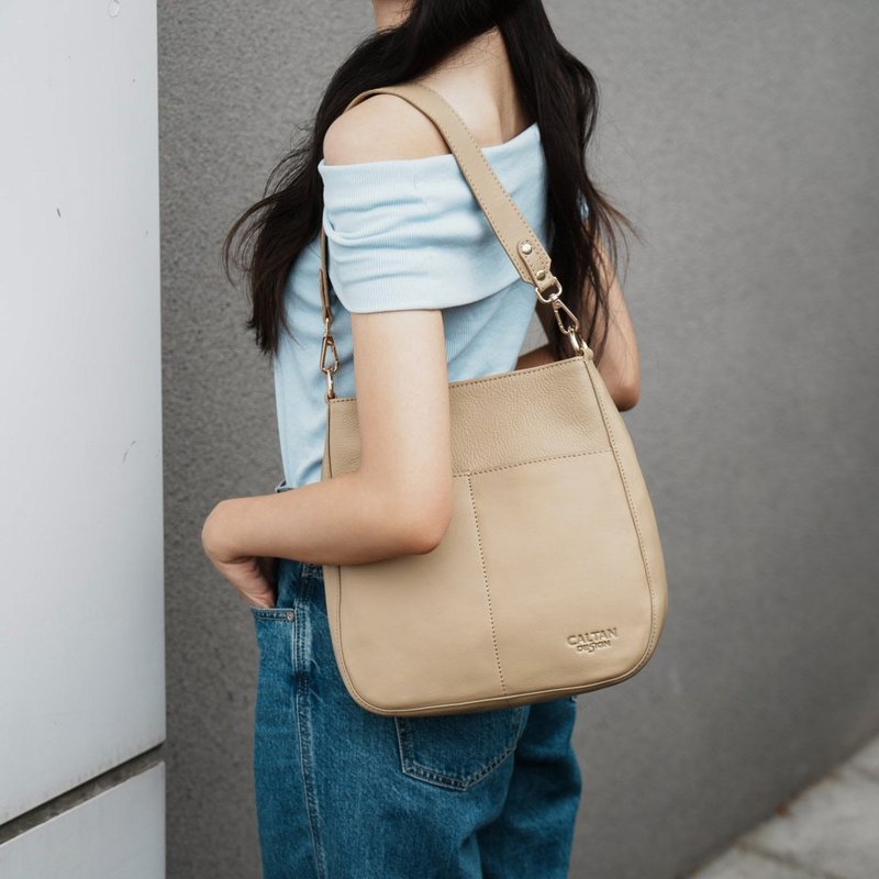 【24hr快速出貨】Midday Hobo真皮雙口水桶包-5536 三色 - 側背包/斜孭袋 - 真皮 黑色