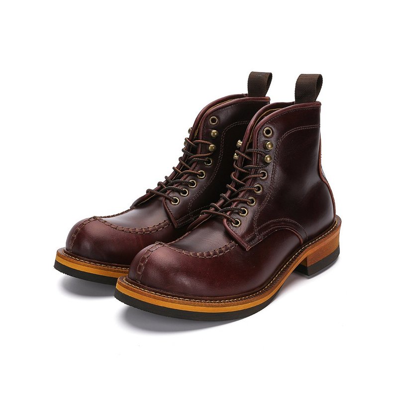 Cowhide Mid-Cut Shoes Motorcycle Rugged Heritage Boots For Men - รองเท้าหนังผู้ชาย - หนังแท้ สีนำ้ตาล