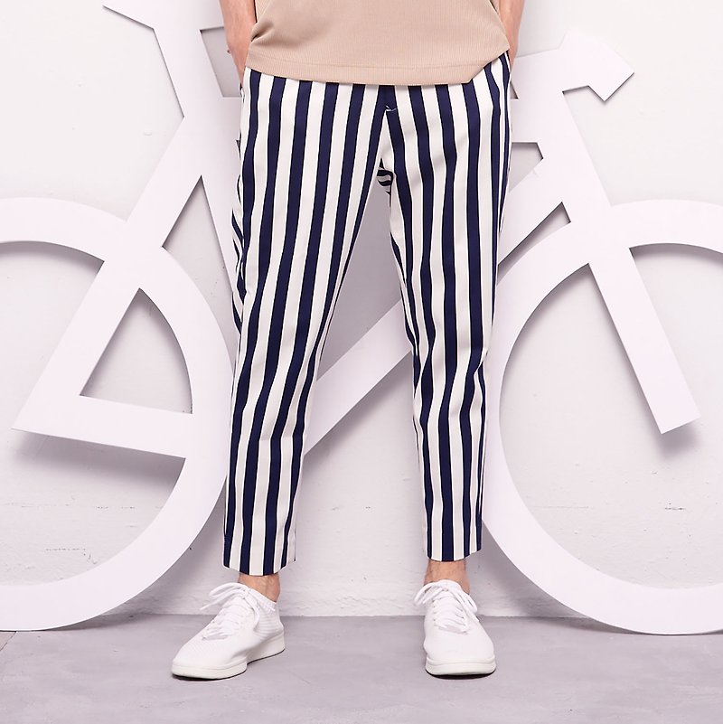Stone@s Printed Stripes Trousers / 深藍 條紋 九分 西褲 - 工裝褲/長褲/牛仔褲 - 棉．麻 藍色