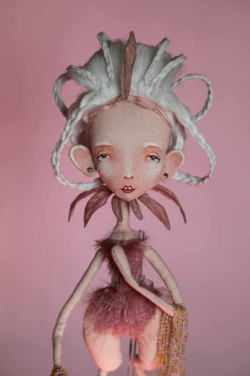OOAK textile Pink Flamingo doll dressed up in art deco style - Stuffed Dolls & Figurines - Cotton & Hemp Pink