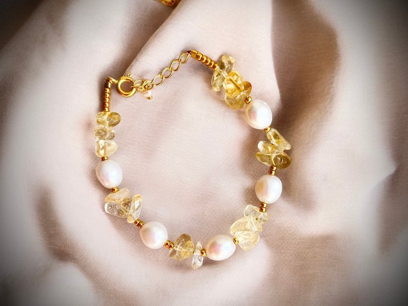 C&W Japan imported natural freshwater special-shaped pearl natural citrine 14k gold temperament bracelet - Bracelets - Crystal Gold