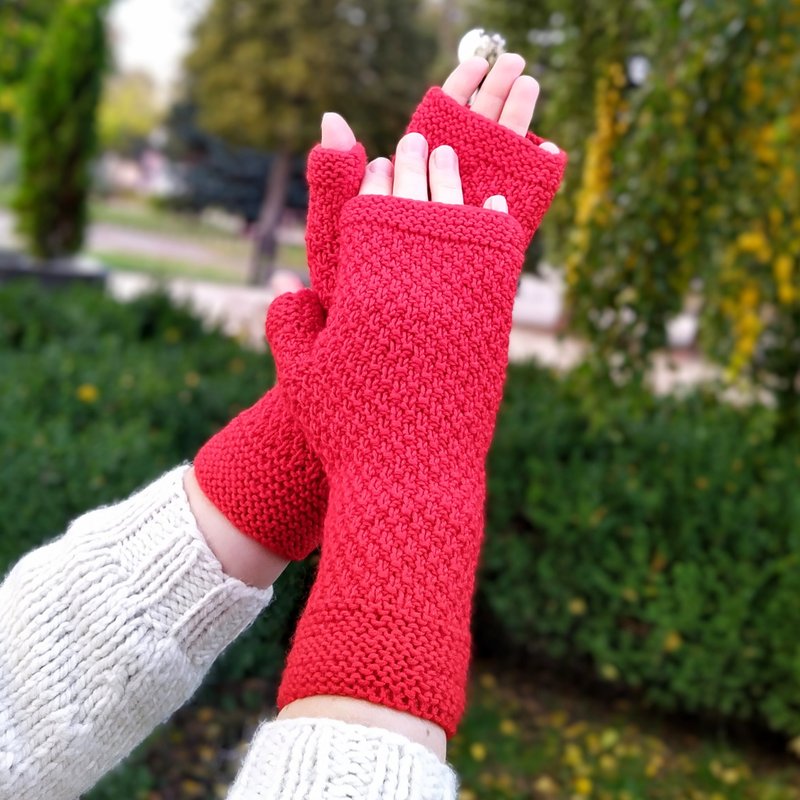 Womens gloves mittens, Red fingerless gloves merino wool, 暖手手套, 聖誕禮物包裝 - ถุงมือ - ขนแกะ สีแดง