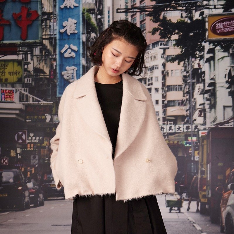 kitann ino 杏色须边翻领羊呢落肩大衣 - 女大衣/外套 - 羊毛 粉紅色