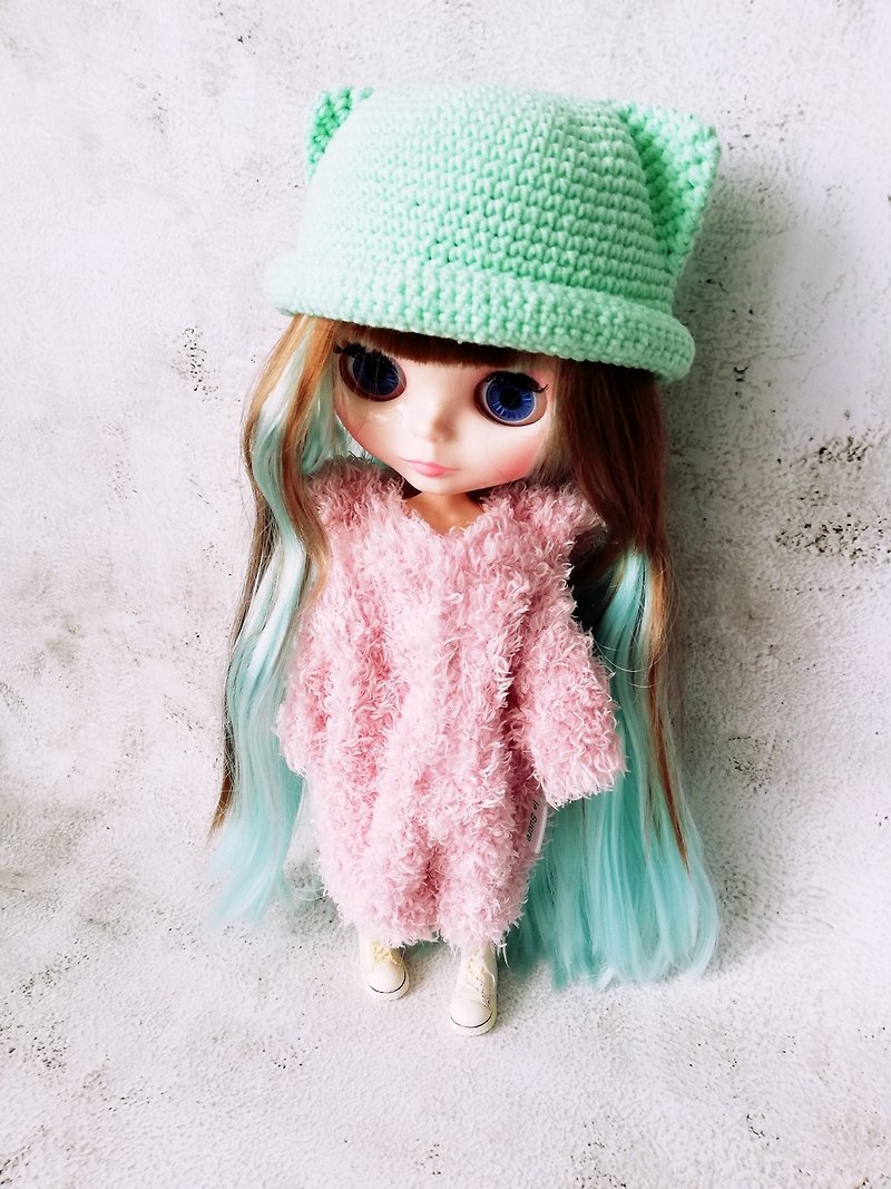 Blythe hat crochet mint Cat - ตุ๊กตา - ผ้าฝ้าย/ผ้าลินิน สีเขียว