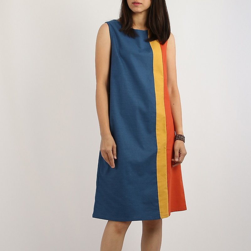 Cotton Linen Dress, Sleeveless A-Line/  Blue - One Piece Dresses - Cotton & Hemp Blue