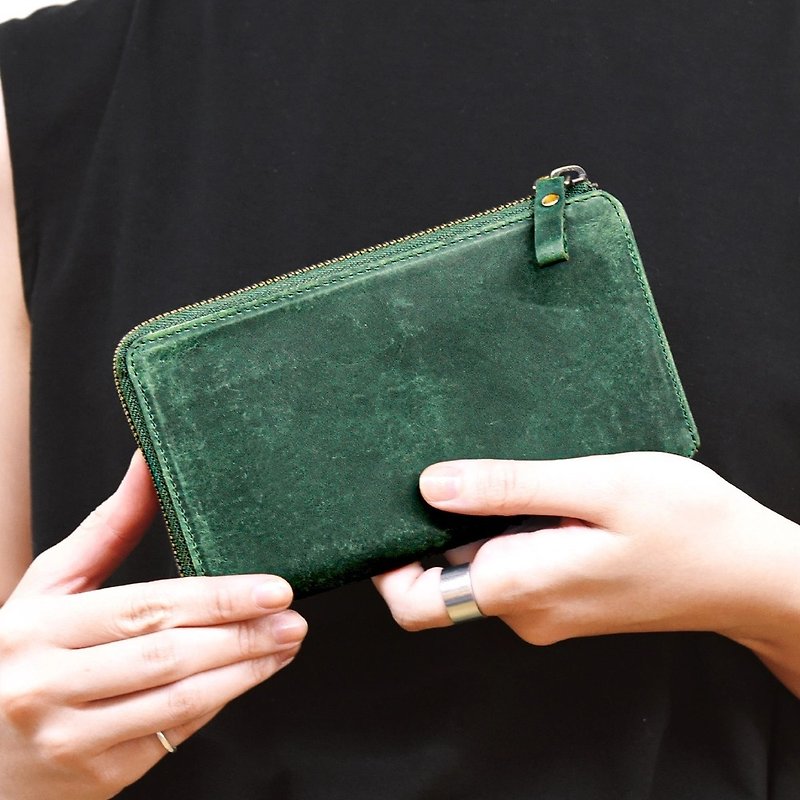 TIDY2.0  財布中を整理整頓 自分で育てる財布 オールレザーで仕上げたL字ファスナー長財布 名入れ Dark Green HAW021 - 財布 - 革 グリーン