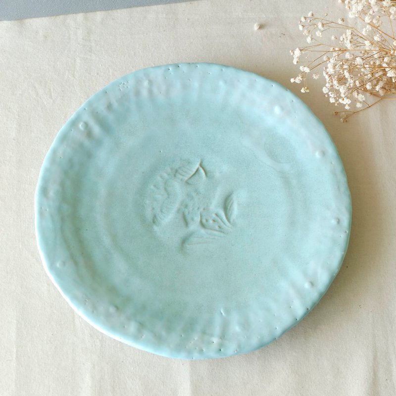 Rain dew natural glazed ceramic plate handmade limited edition - เซรามิก - ดินเผา สีน้ำเงิน