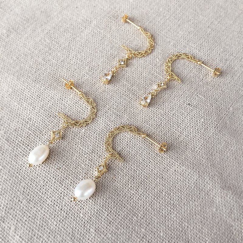 Lace Crescent | light gold lace earrings with pearls gemstones - Earrings & Clip-ons - Pearl Gold