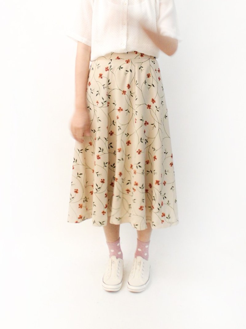 Vintage Summer Pastoral Wind Floral Khaki Vintage Skirt Vintage Skirt - กระโปรง - เส้นใยสังเคราะห์ สีกากี