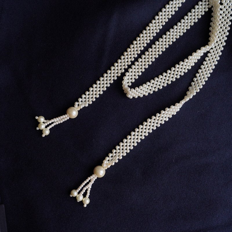 Pearl beaded long chain necklace vintage antique jewelry necklace - สร้อยคอ - วัสดุอื่นๆ ขาว