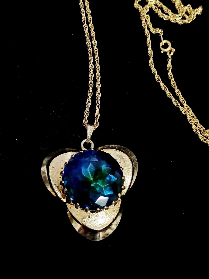 vintage jewelry 典雅三稜深藍萊茵鑽 長項鍊 - 項鍊 - 其他金屬 