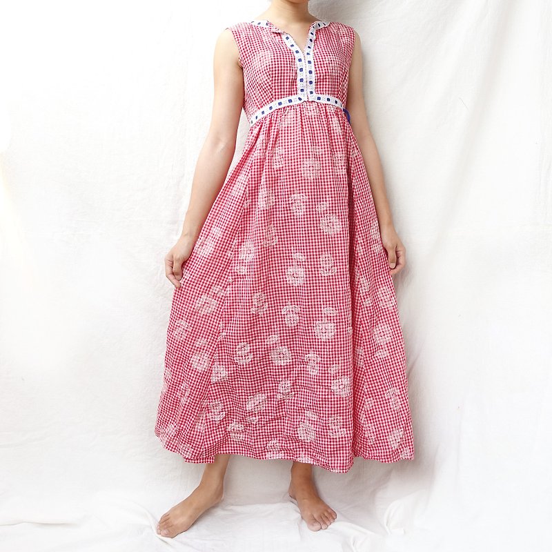 BajuTua/古著/ 美國製 經典紅格紋高腰無袖洋裝 - 連身裙 - 棉．麻 紅色