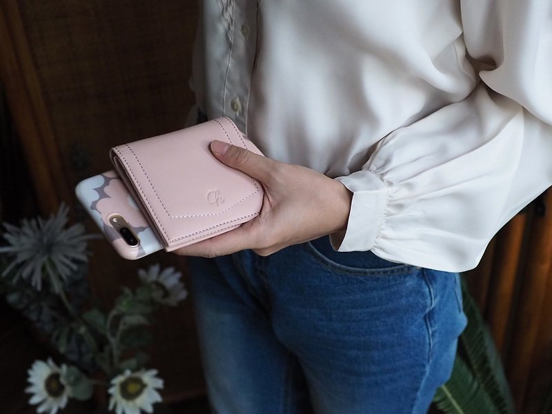 Hannah (Nude pink) : Small leather short wallet, folded wallet, Mini wallet