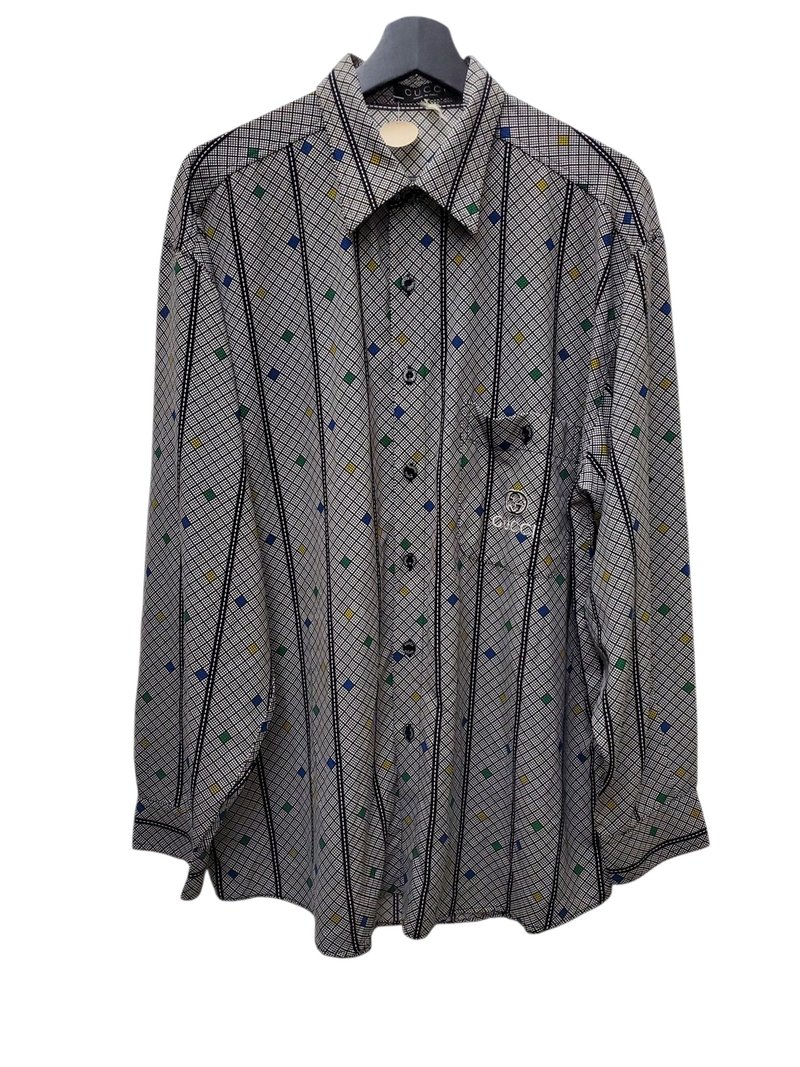 義大利製 Gucci 絲質 刺繡logo 幾何圖騰 長襯 L號 近全新 - 男襯衫/休閒襯衫 - 棉．麻 灰色