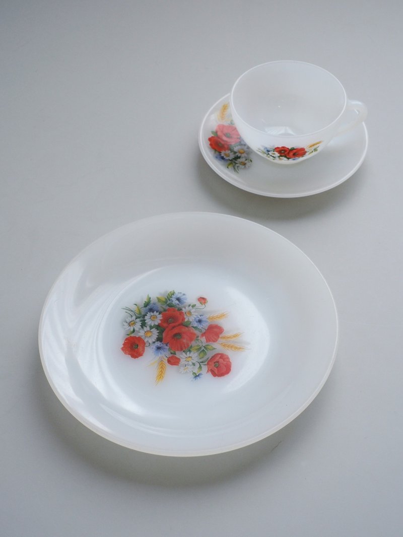法國Arcopal Vintage套裝杯連茶碟/中古/咖啡杯/餐具/甜點碟 - 玻璃杯 - 玻璃 多色