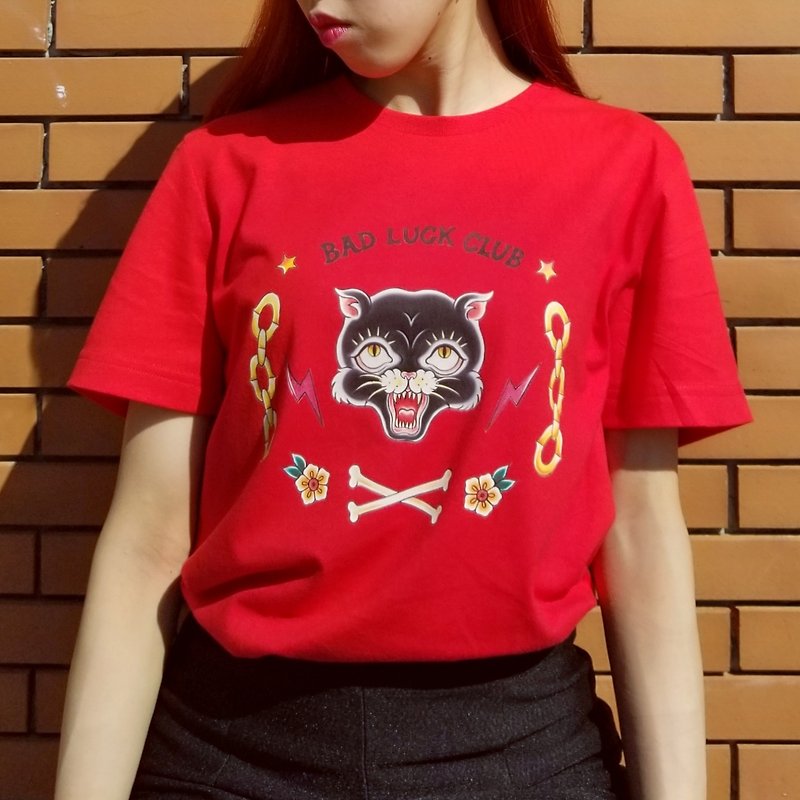 Dark sweet style illustration Bad Luck Club printed cotton T-shirt - Women's T-Shirts - Cotton & Hemp Multicolor