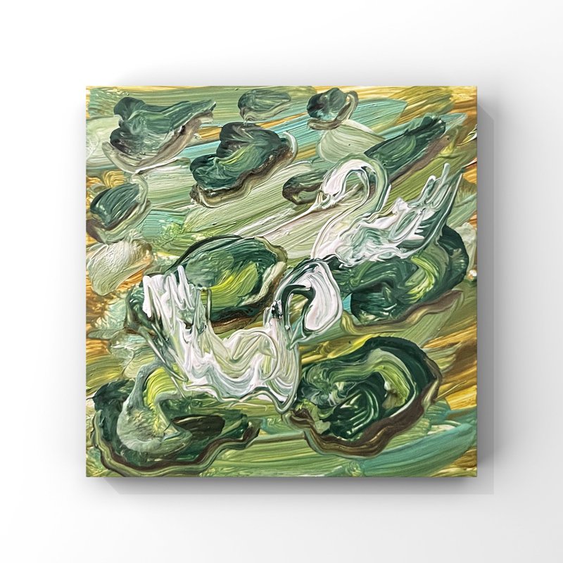 Elegant Swans on Lily Pond Art Textured Abstract Oil Painting in Green Tones 4in - 海報/掛畫/掛布 - 其他材質 綠色