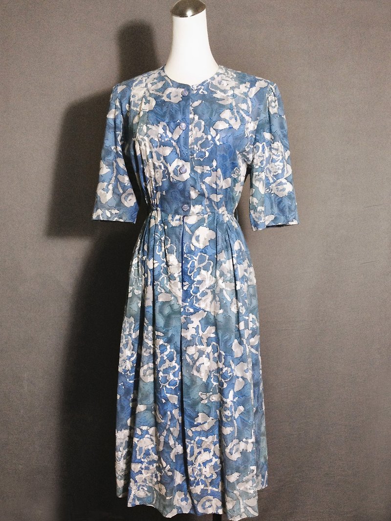 Ping-pong vintage [vintage dress / vintage ink flower dress] abroad back VINTAGE - ชุดเดรส - ผ้าฝ้าย/ผ้าลินิน สีน้ำเงิน