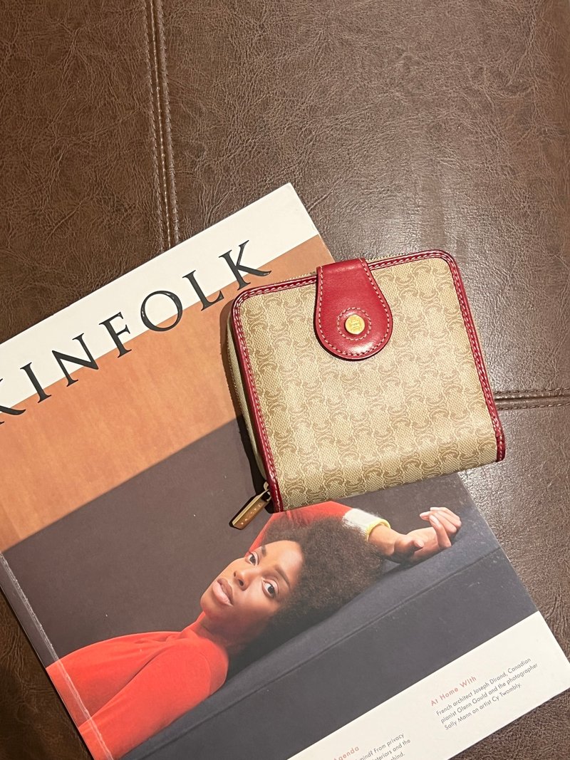 Celine凱旋門啡色紅色零錢散子短錢包 日本中古二手Vintage - 錢包/皮夾/長短夾 - 真皮 咖啡色