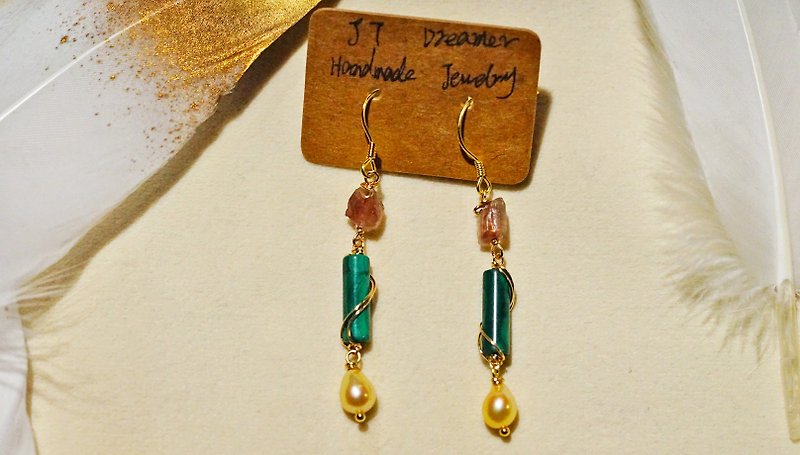 Pure handmade 14K gold wrapped wrapped tourmaline malachite seawater pearl earri - Earrings & Clip-ons - Gemstone Multicolor