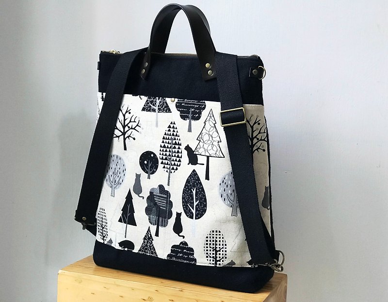 2 way tote bag backpack bag with canvas strap travel bag  diaper bag - กระเป๋าเป้สะพายหลัง - ขนแกะ สีดำ