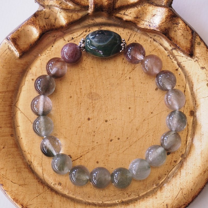 海洋碧玉帶晶洞 紅髮晶 綠髮晶 純銀手環 Ocean Jasper Rutilated - 手鍊/手環 - 半寶石 綠色