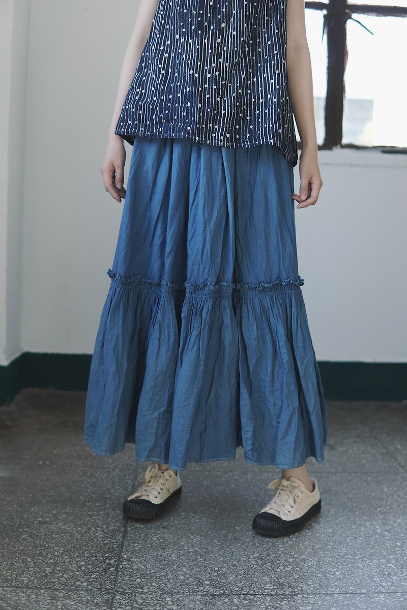 Plant blue dyed light blue half skirt cotton and linen long skirt - Skirts - Cotton & Hemp Blue