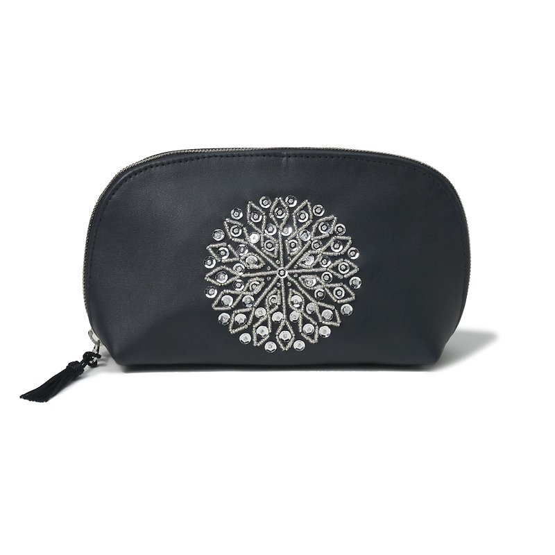 Black cosmetic pouch moroccan Leather Sequined hand embroider Makeup bag(Large) - กระเป๋าเครื่องสำอาง - หนังแท้ สีดำ