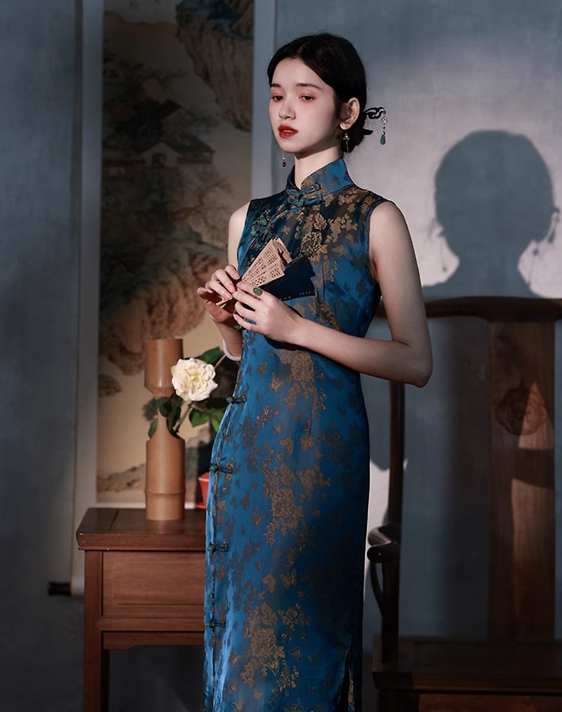 Lengxiang 新しい中国風レトロジャカード改良チャイナドレス - ワンピース - その他の素材 ブルー