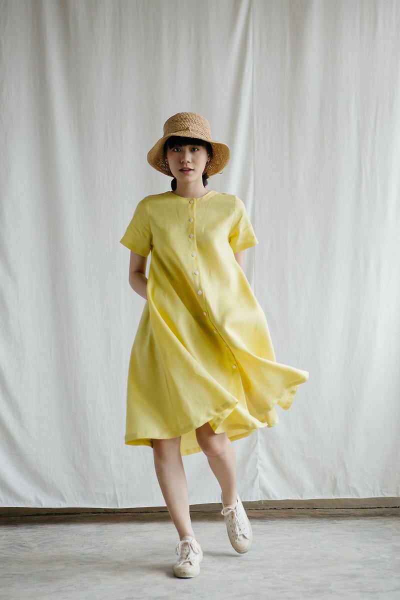 A-line Linen Dress with Shell Button in Lemon - One Piece Dresses - Cotton & Hemp Yellow