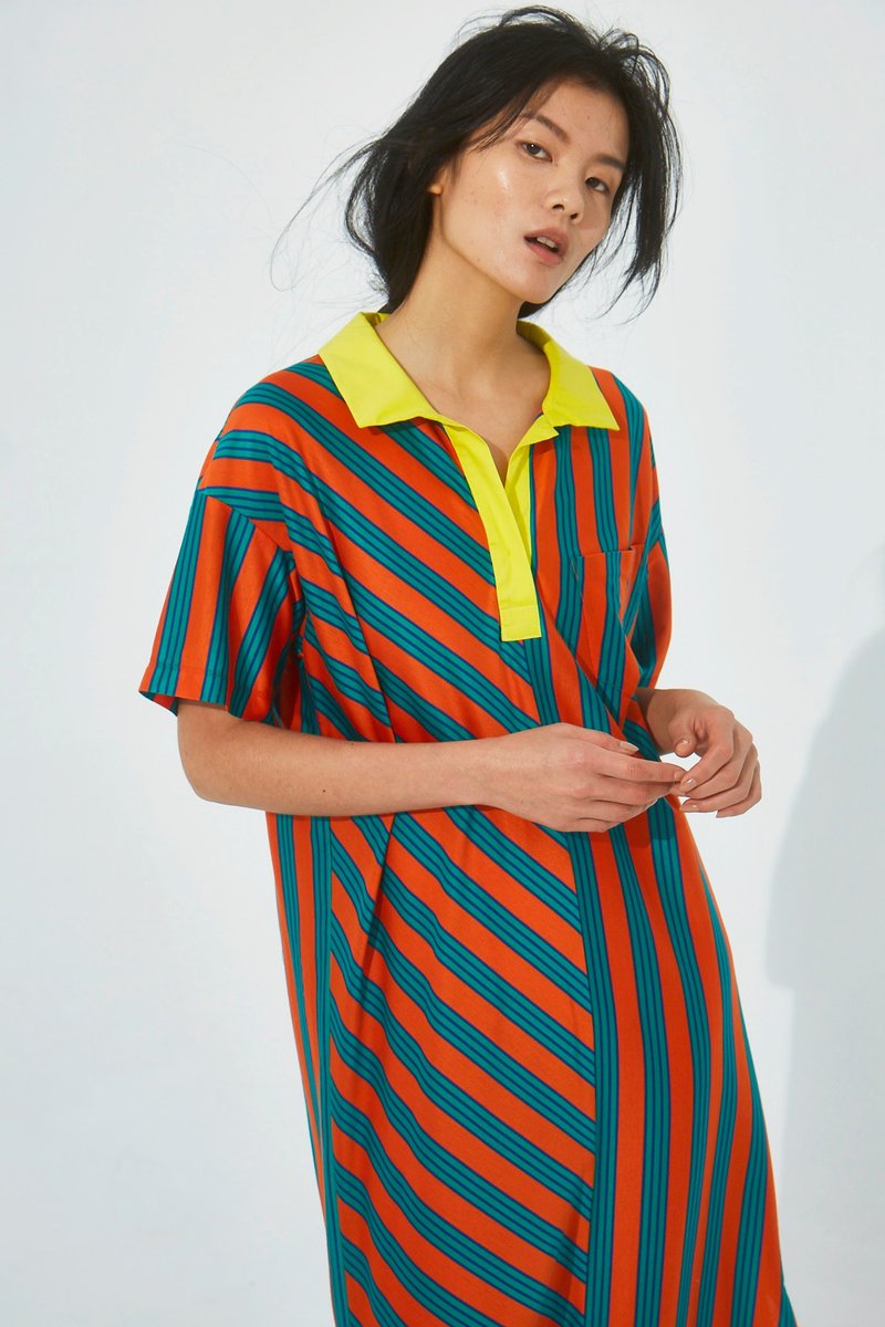 UUIN _ Orange and green striped POLO dress - ชุดเดรส - ผ้าฝ้าย/ผ้าลินิน 