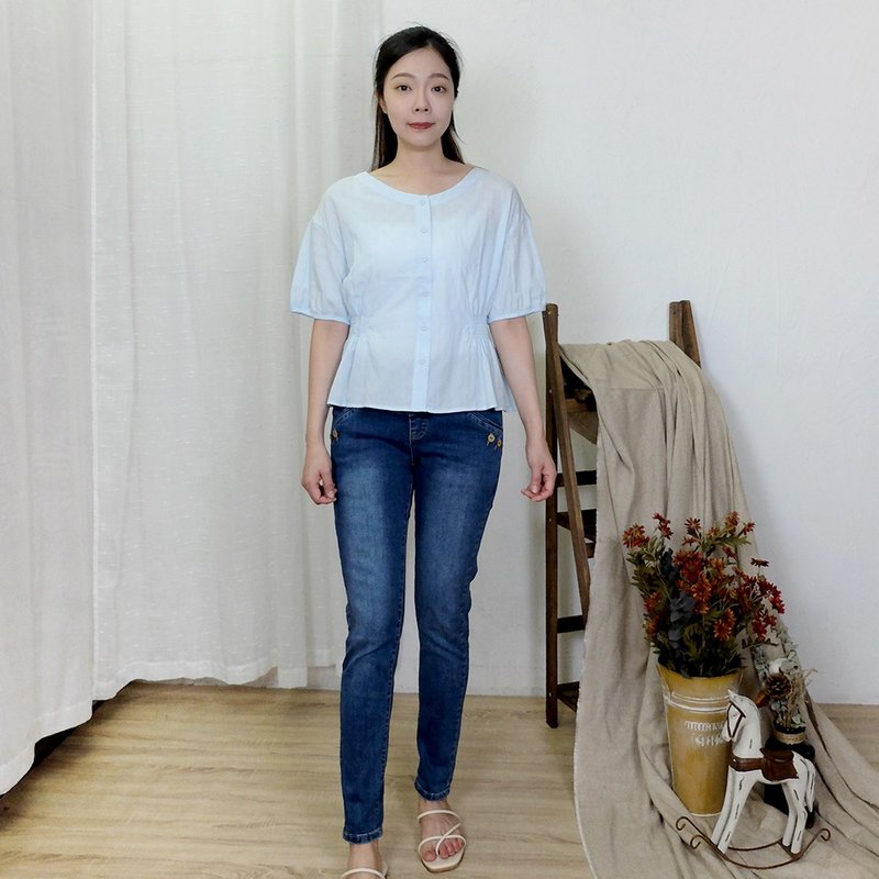 Hana Mokuba 落肩泡袖鬆緊收腰氣質上衣 - 女上衣/長袖上衣 - 棉．麻 