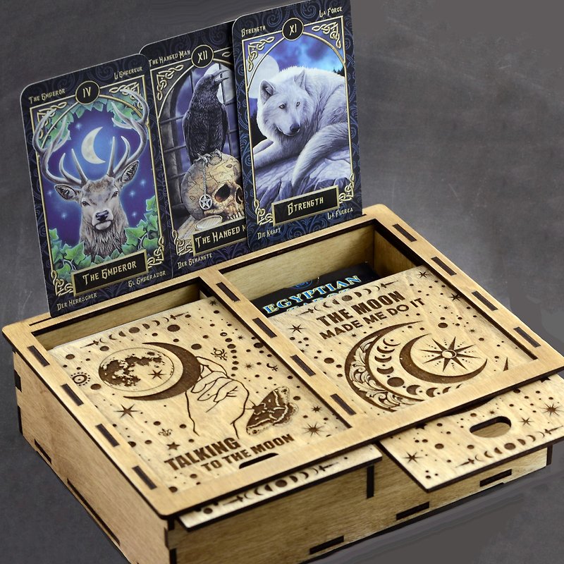 HANDMADE Double Tarot box for 2 decks with card display Witch trinket box - กล่องเก็บของ - ไม้ สีทอง