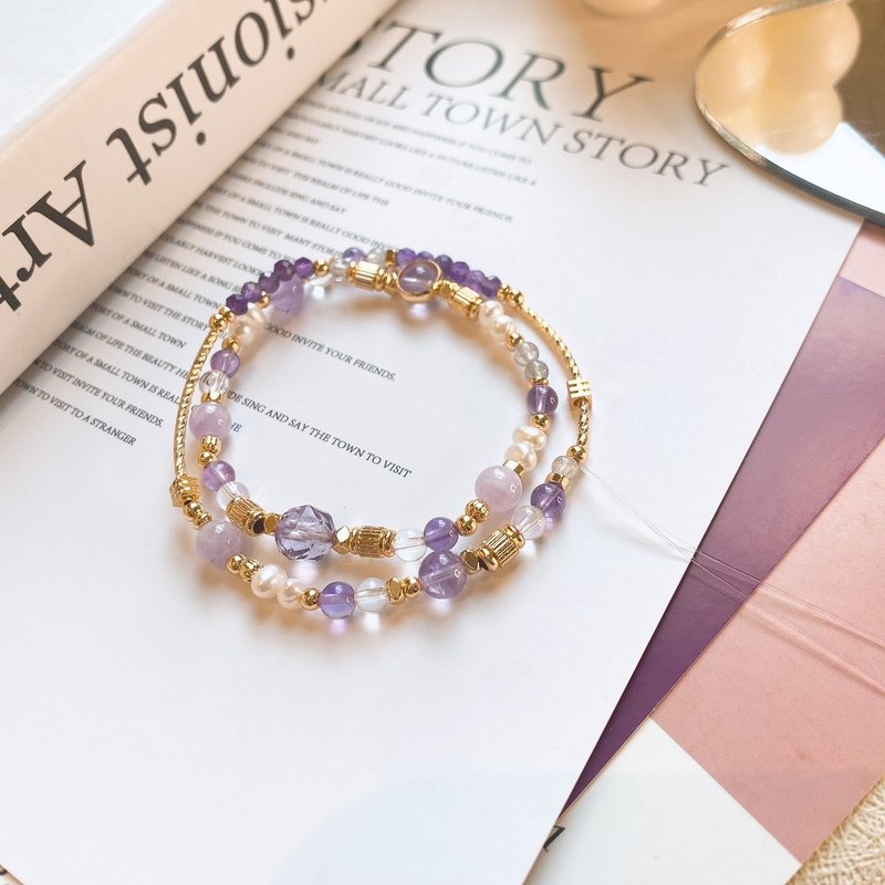 Purple skirt lavender amethyst gray moonlight white crystal double circle stacked crystal natural stone elastic bracelet - Bracelets - Crystal 