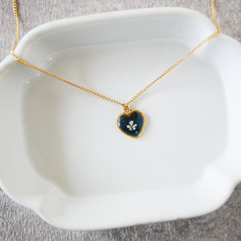 プチハート カボション レースフラワーの押し花ネックレス 14kgf変更可能/N-41 - 項鍊 - 樹脂 藍色