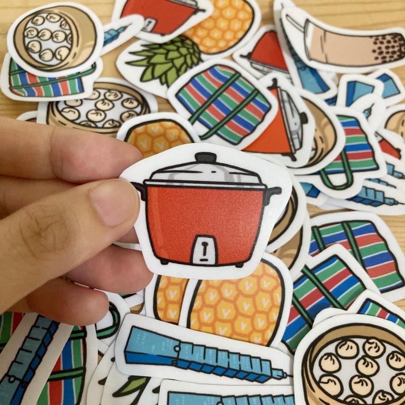 Taiwanese style waterproof sticker pack (6 pieces) with patterns of pearl milk tea, Datong electric cooker, xiaolongbao, etc. - สติกเกอร์ - กระดาษ 