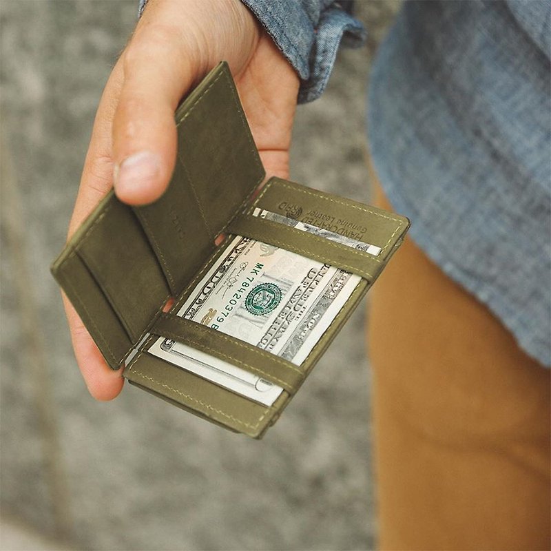 Folding wallet / real leather / minimalist / green - กระเป๋าสตางค์ - หนังแท้ สีเขียว