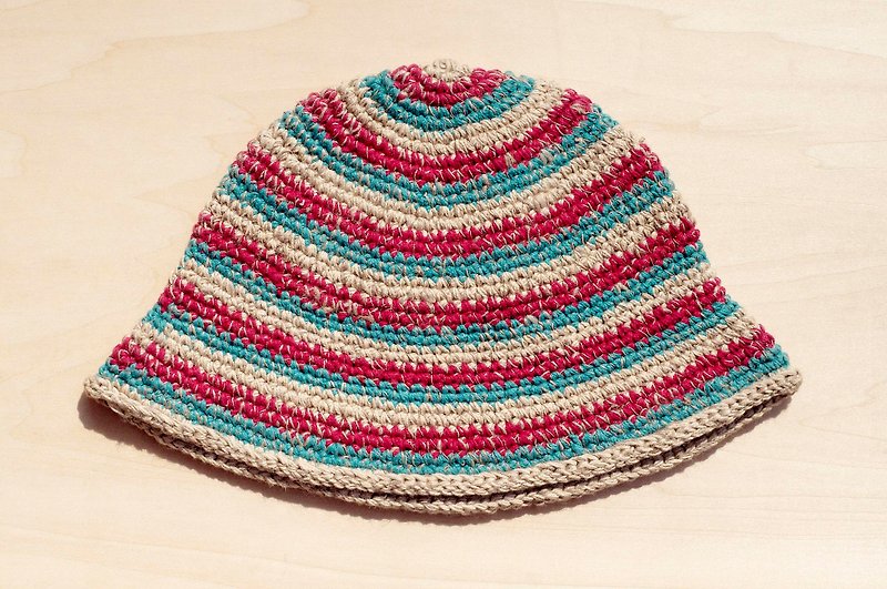 A limited edition hand-woven hat / hand-woven cotton Linen hat / hand-woven hat - red and green stripes - หมวก - ผ้าฝ้าย/ผ้าลินิน หลากหลายสี