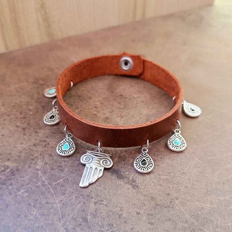 Aegean Breeze Leather Anklet with Stainless Steel Dangling Greek Charms - 腳鍊/腳環 - 真皮 咖啡色