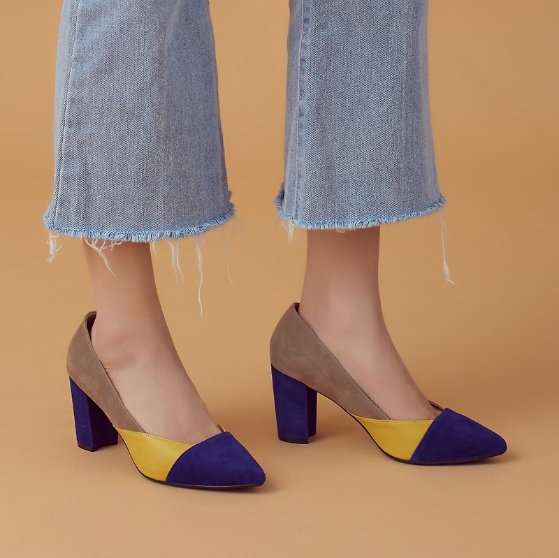 Elastic low-noise heel! Color block nappa thick heel shoes Berlin blue yellow brown full leather - รองเท้าส้นสูง - วัสดุอื่นๆ สีน้ำเงิน