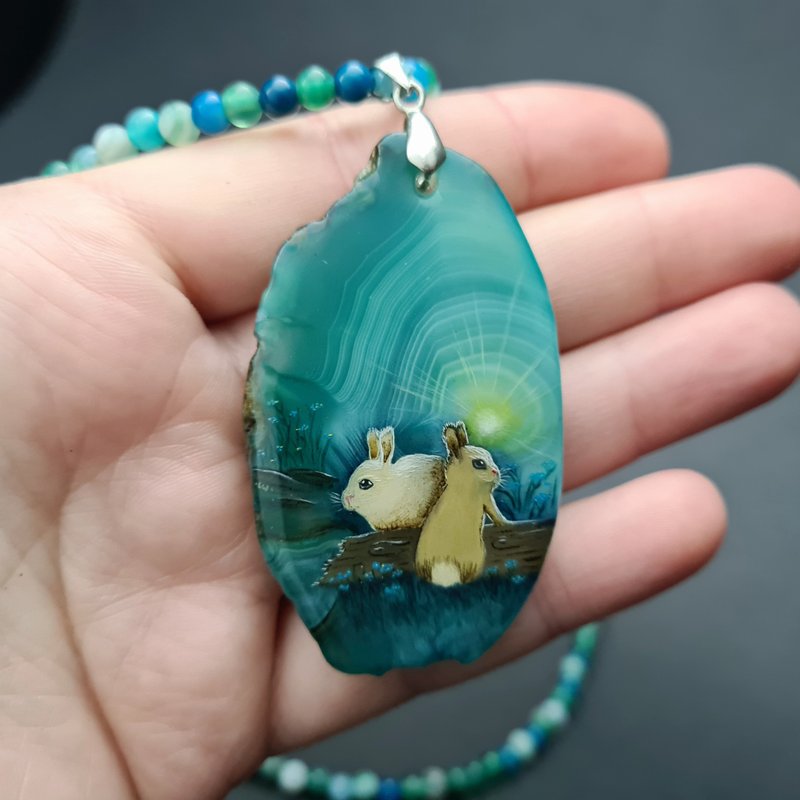 Necklace with two baby rabbit or hare Oil painting on green Agate pendant stone - 項鍊 - 石頭 綠色