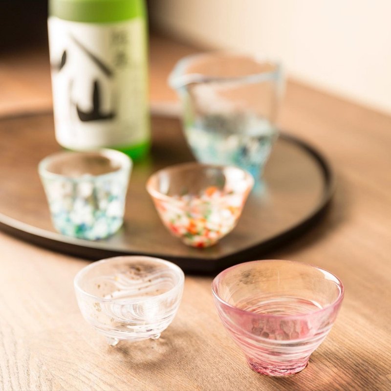 Japanese Tsugaru Hand-made Four Seasons Sake Cup Set (Wooden Box) - Bar Glasses & Drinkware - Glass Multicolor