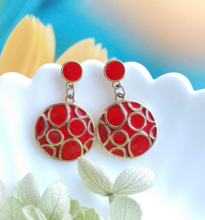 Vintage Jewelry 西洋古董飾品 復古 簡約 紅圈 垂墜 針式耳環 - 耳環/耳夾/耳骨夾 - 其他金屬 透明