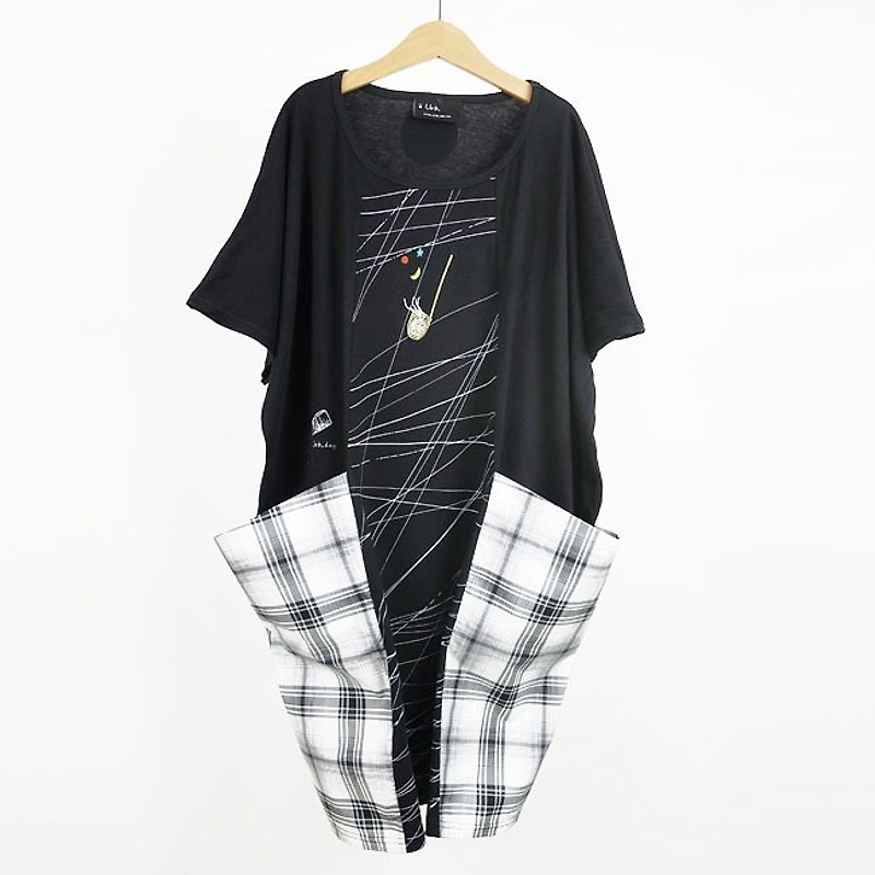 Urb / Fishing Star Moon Line / Side Pocket Dress - ชุดเดรส - ผ้าฝ้าย/ผ้าลินิน สีดำ