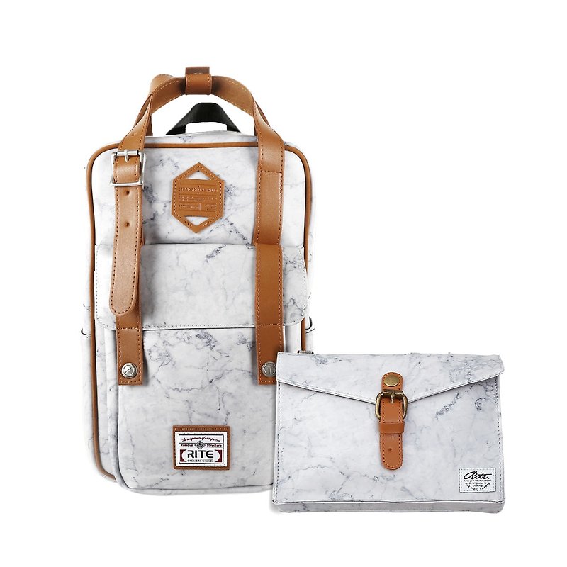 【New Year's first - Flush Promotion】 Twin Series | Roaming Pack (M) x Walking Bag (Horizontal) - Marble Gray - Backpacks - Genuine Leather White